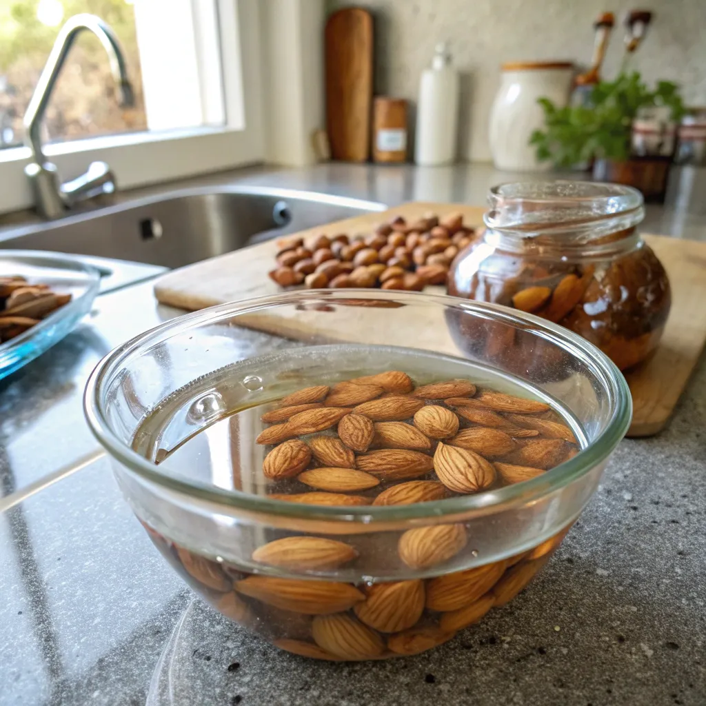 Low Carb Milk: How To Choose 4 Kinds 9 Raw almonds soaking in a glass bowl as the first step for low carb almond milk