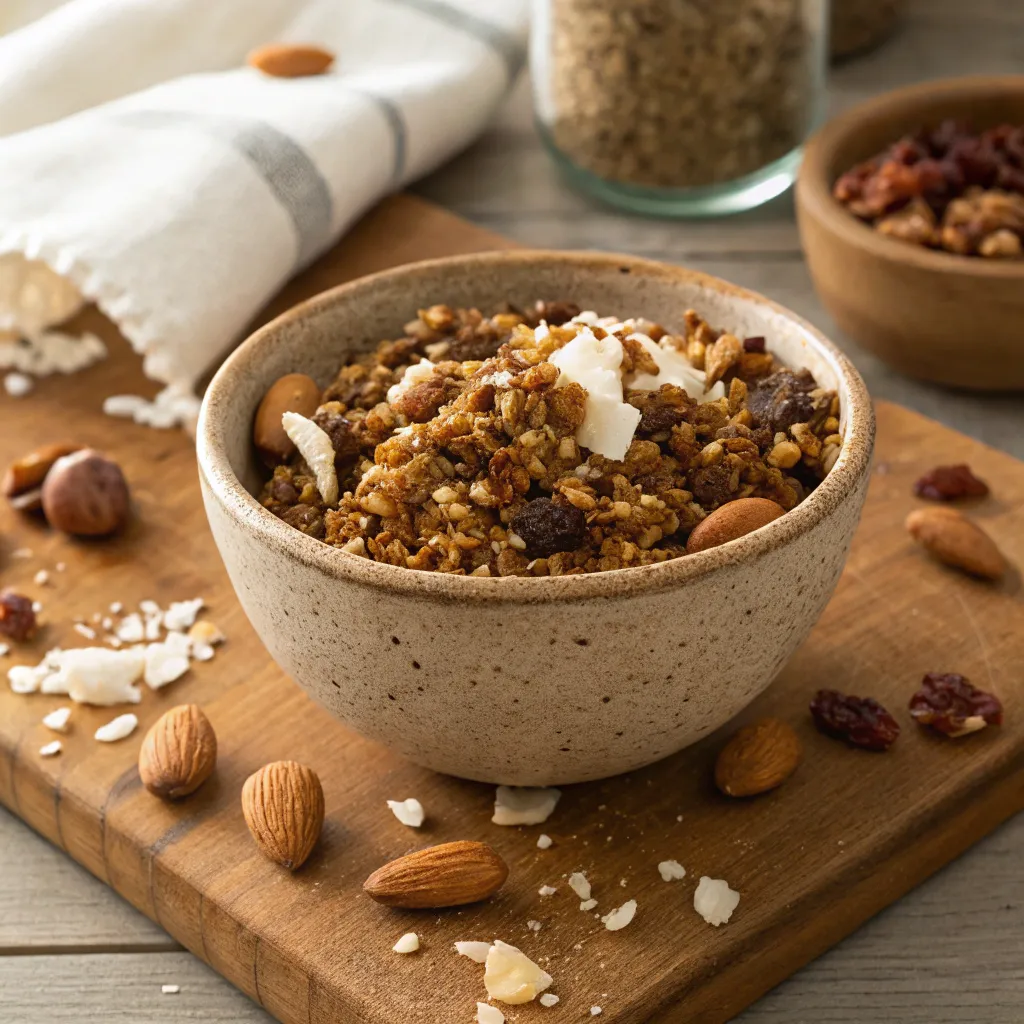 Bowl of homemade low carb granola with nuts and coconut flakes