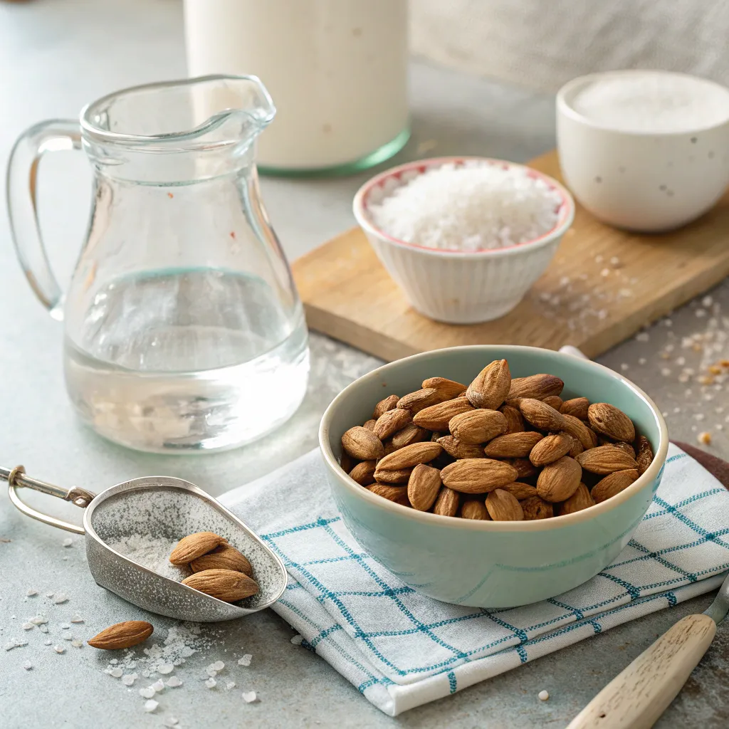 Low Carb Milk: How To Choose 4 Kinds 11 Raw almonds, water, and salt prepared for making low carb almond milk