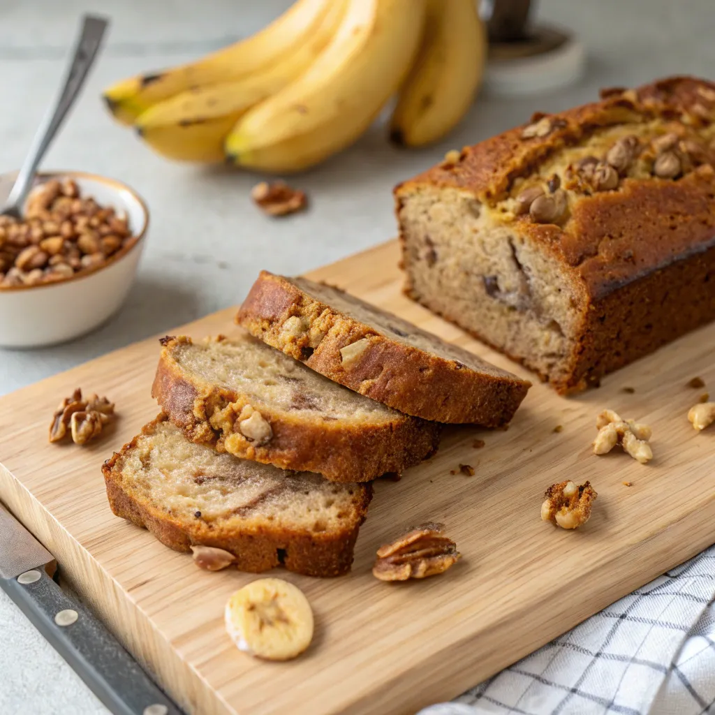 Freshly baked low carb banana nut bread on a wooden cutting board
