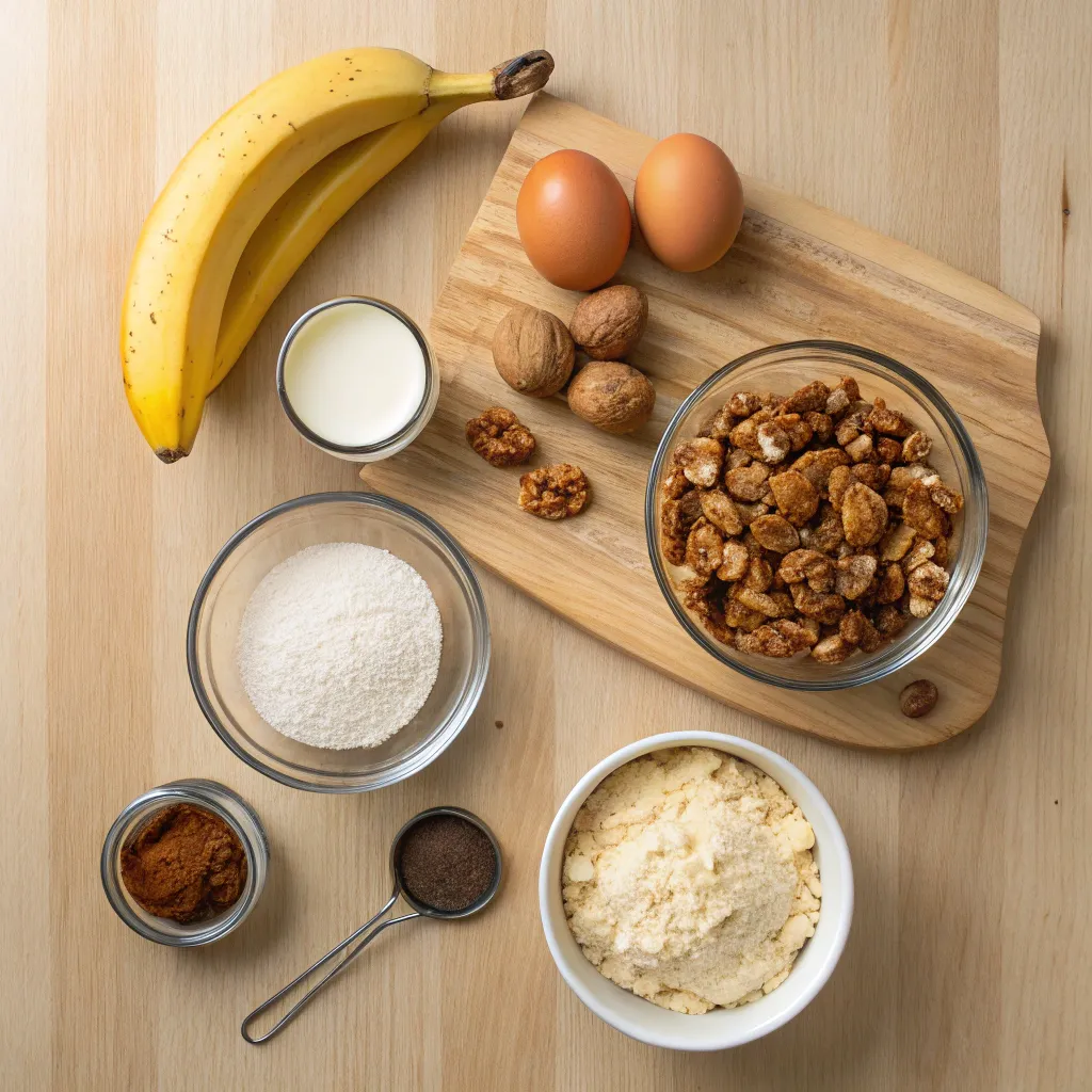Fall In Love With Baking Again: The Best Low Carb Banana Nut Bread For Sweet Tooth Satisfaction 7 Ingredients for low carb banana nut bread including almond flour and walnuts
