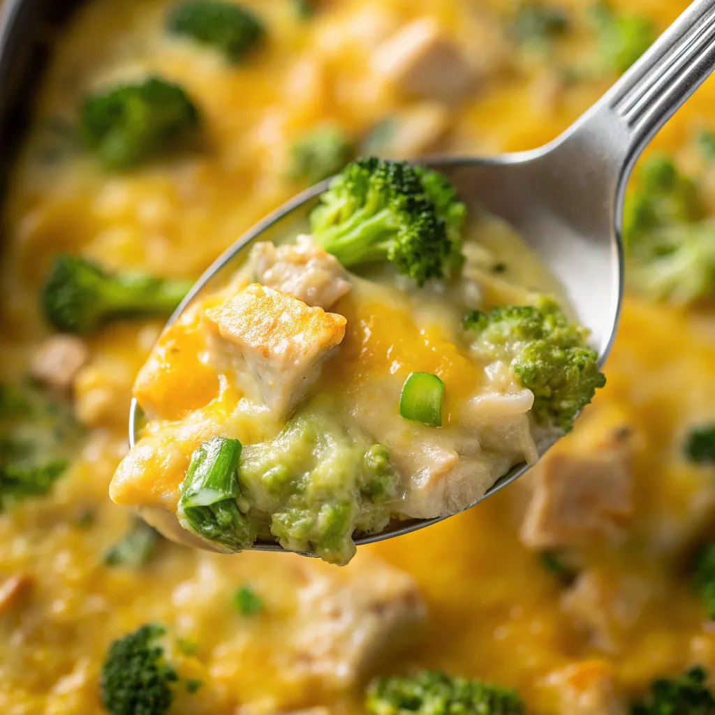 Freshly baked low carb chicken and broccoli casserole served in a white dishs