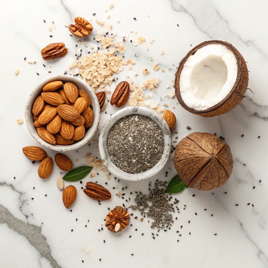 Low Carb Granola Made Delicious: Your New Morning Obsession 10 Low carb granola ingredients including almonds, pecans, chia seeds, and coconut