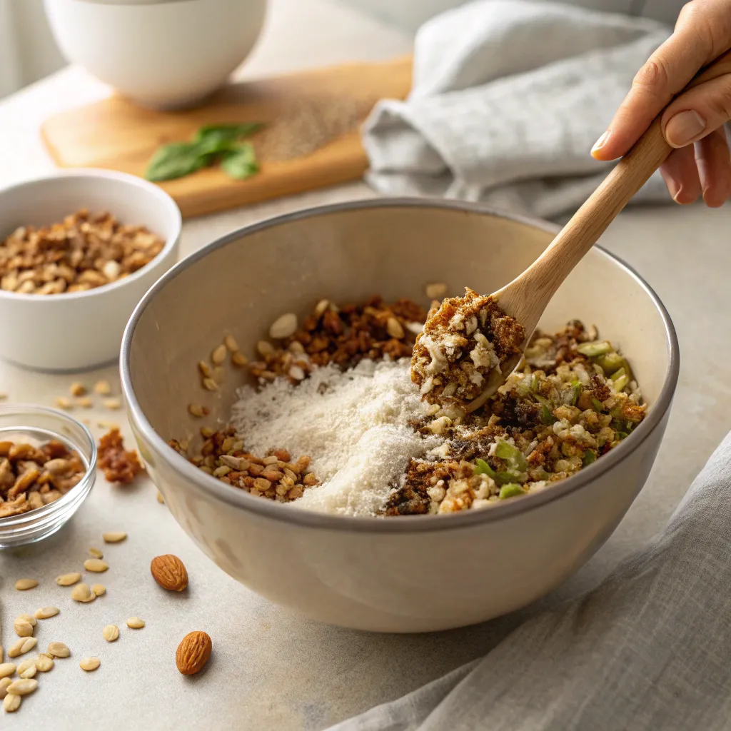 Low Carb Granola Made Delicious: Your New Morning Obsession 7 Low carb granola ingredients flat lay including nuts, seeds, and coconut on marble