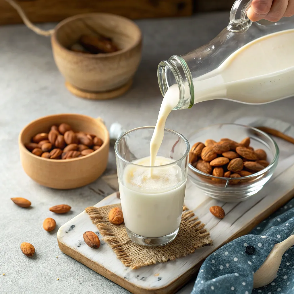 Low Carb Milk: How To Choose 4 Kinds 10 Low carb almond milk in a glass with bowls of raw almonds and shredded coconut