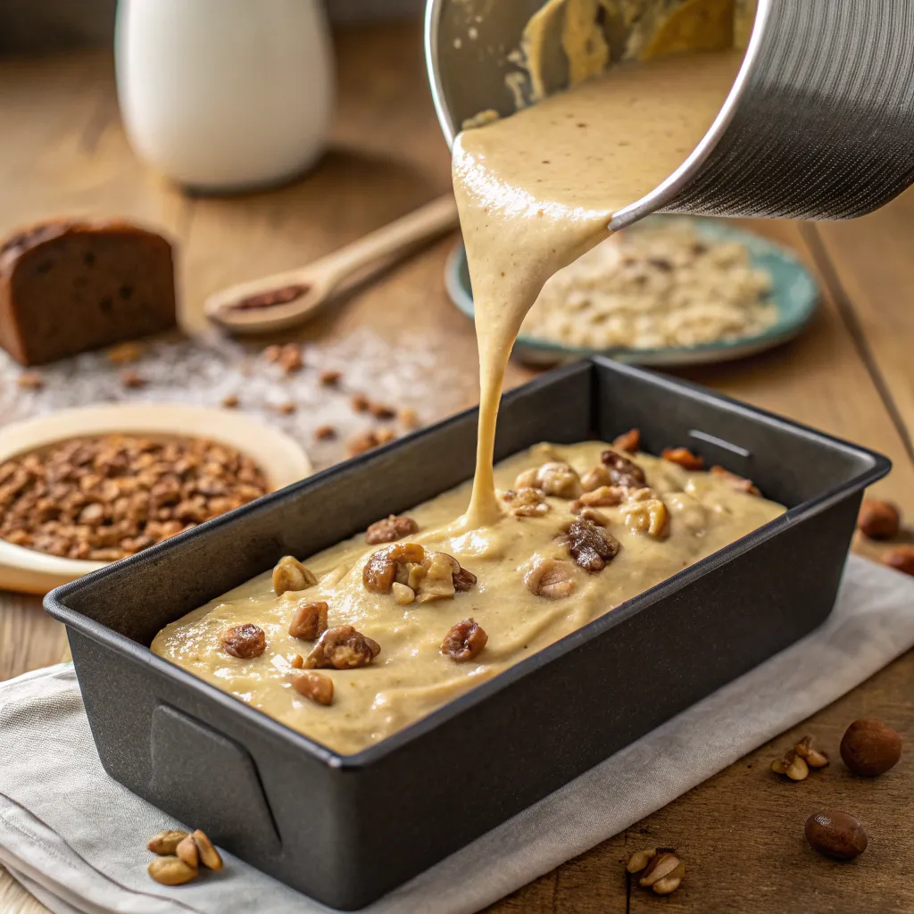 Fall In Love With Baking Again: The Best Low Carb Banana Nut Bread For Sweet Tooth Satisfaction 10 Pouring low carb banana nut bread batter into a loaf pan for baking