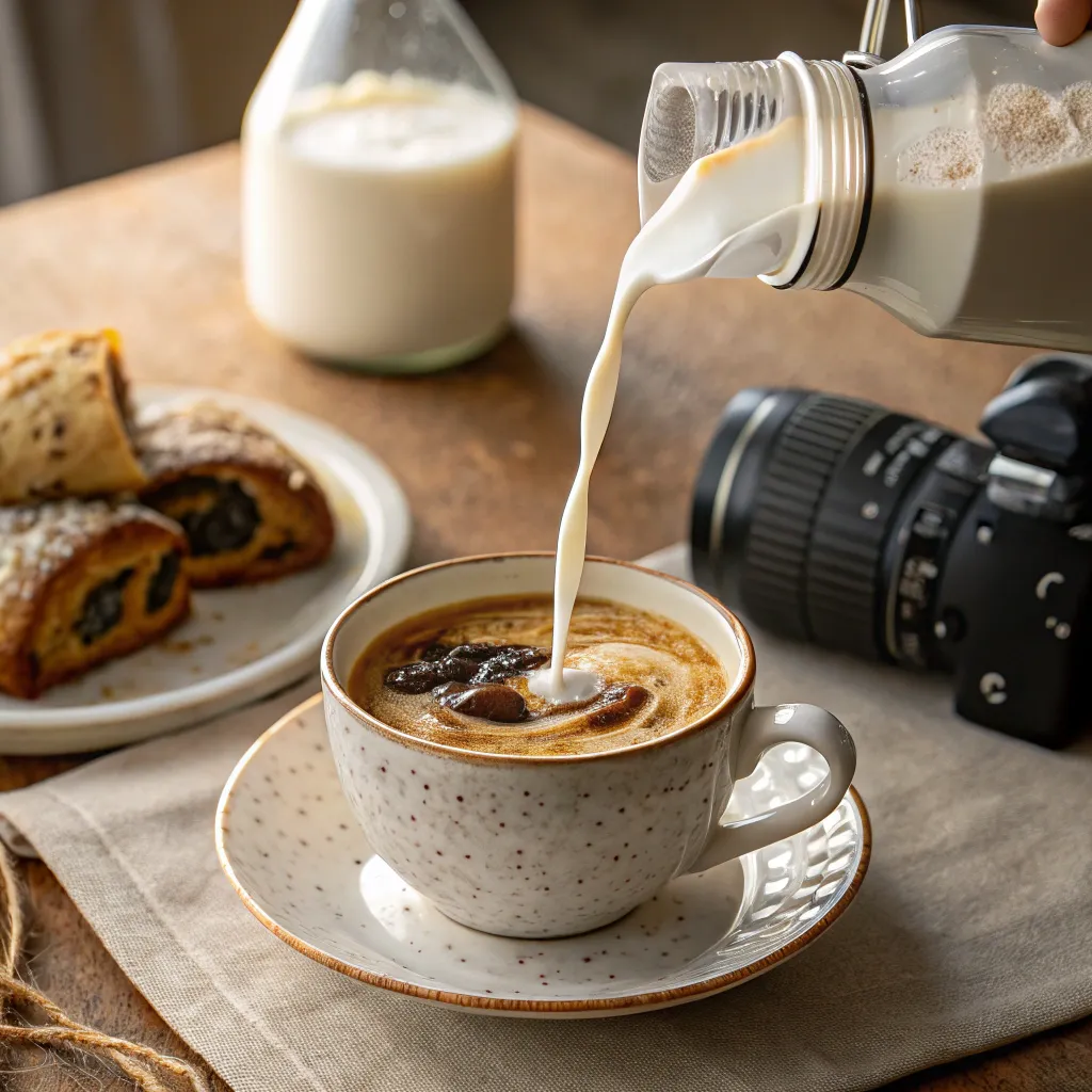 Pouring low carb milk into a cup of coffee for a creamy keto-friendly drink
