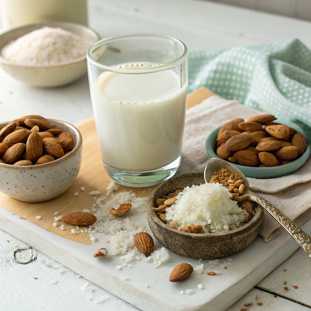 Low Carb Milk: How To Choose 4 Kinds 7 Ingredients for low carb milk including water, oil, salt, and a measuring jug on a kitchen counter