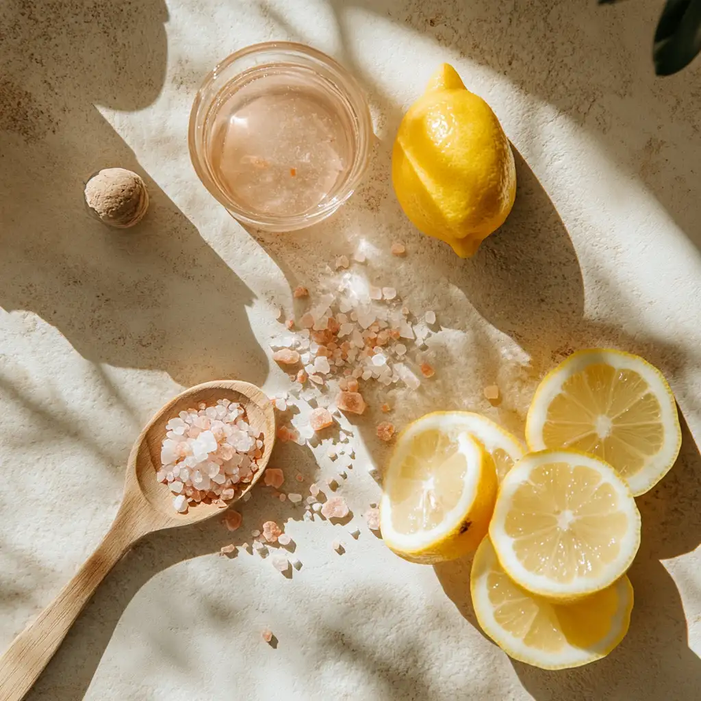 Ingredients for salt trick drink on wooden board