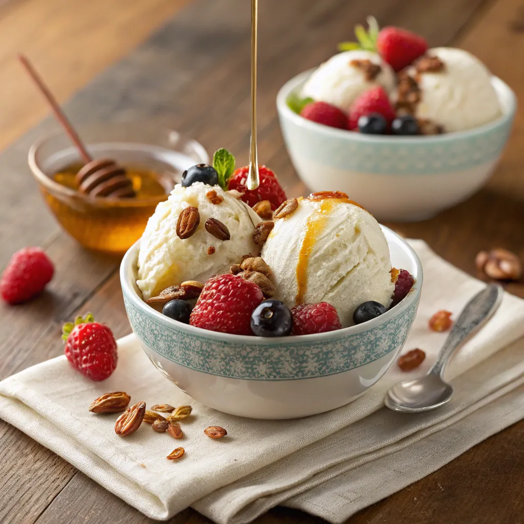 Cottage cheese ice cream in a ceramic bowl