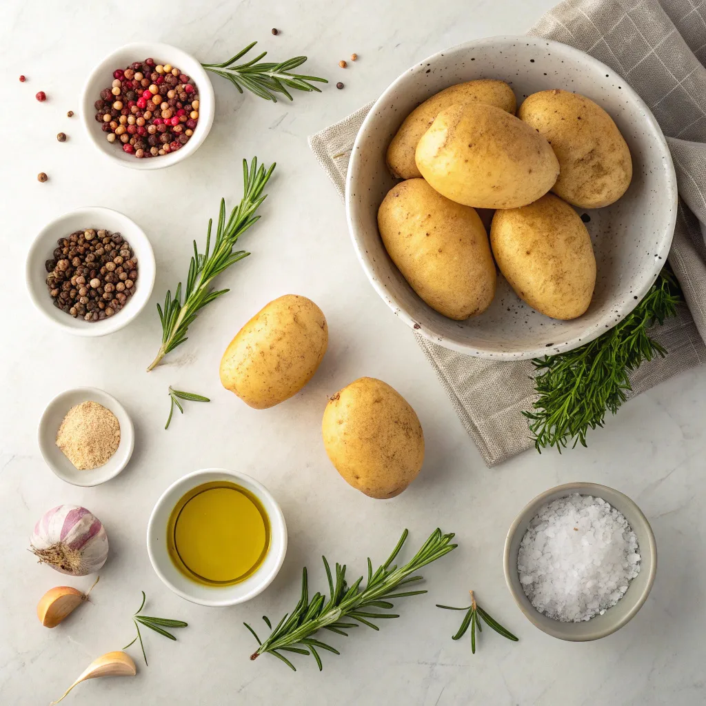 Accordion Potatoes With Crunchy Edges And Melty Centers Youll Love 8 Ingredients for accordion potato recipe laid out on a kitchen counter