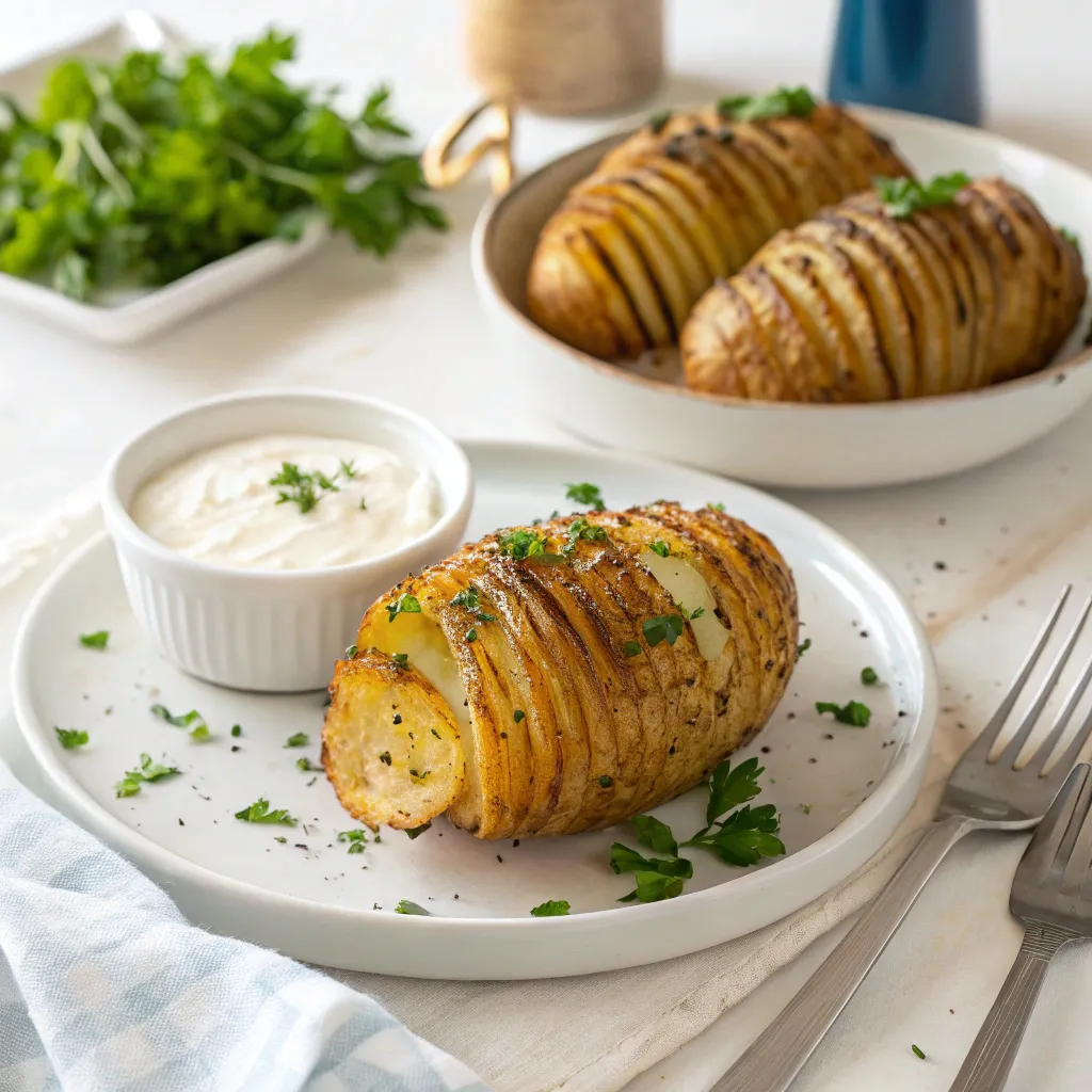 Accordion Potatoes With Crunchy Edges And Melty Centers Youll Love 5 Finished accordion potatoes served with dip and garnish