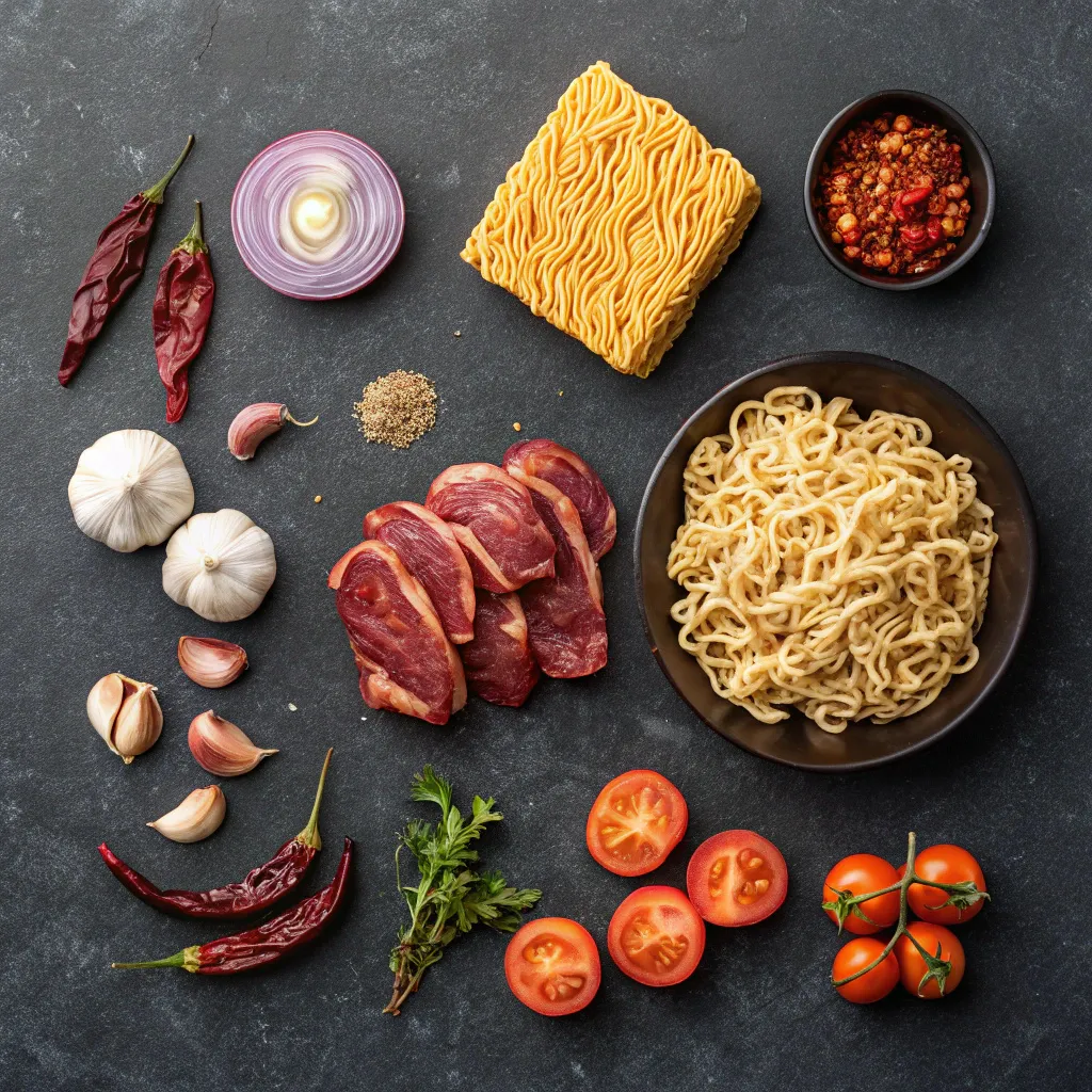 Birria Ramen: How to Make 1 Perfect Bowl 7 birria ramen ingredients laid out before cooking