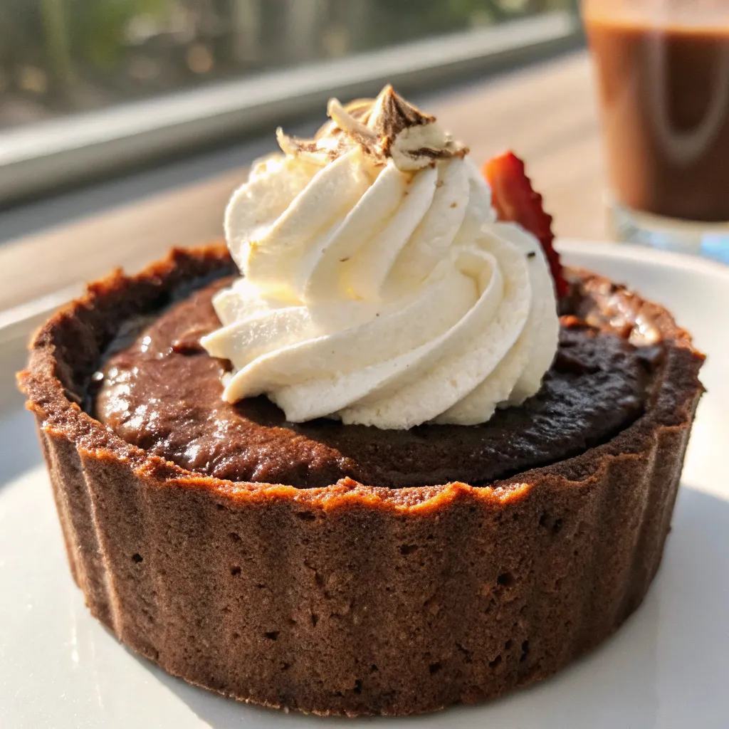 Close-up of a chocolate keto dessert with whipped cream topping