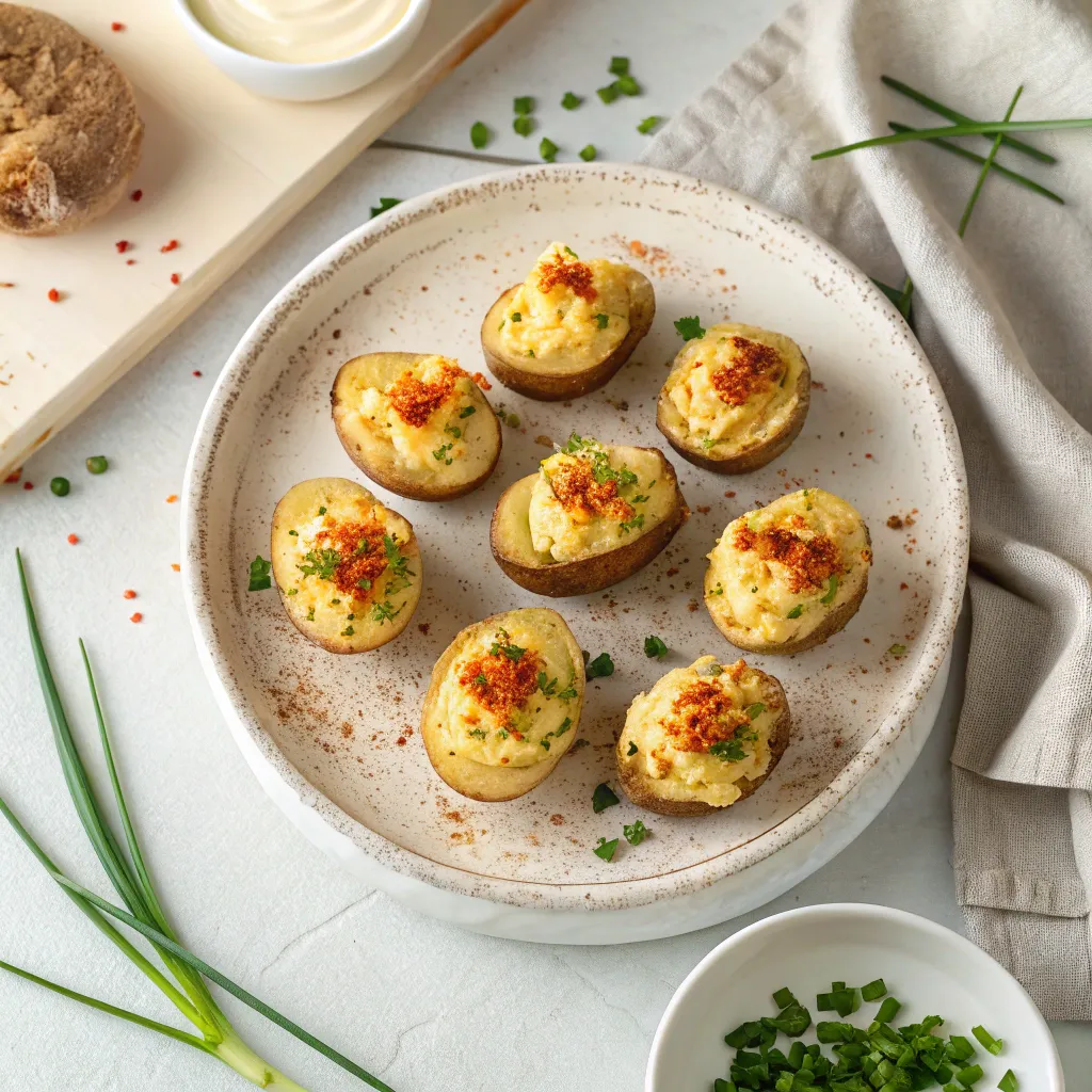 Deviled Potatoes: How to Make the #1 Best Recipe 10 Deviled potatoes with creamy filling and chive garnish