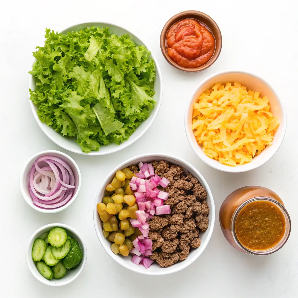 Big Mac Salad: How to Make the #1 Best Keto Meal 6 Big Mac Salad ingredients in separate bowls