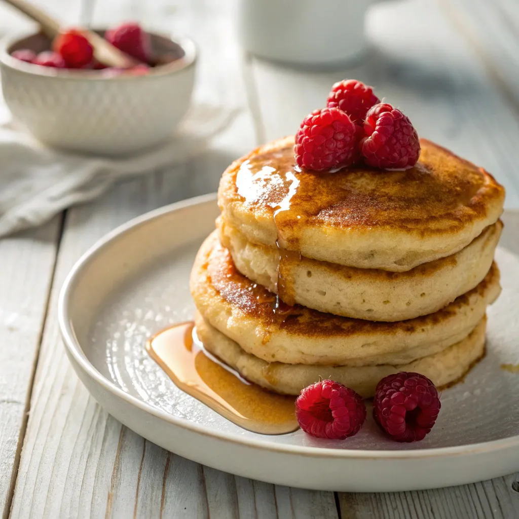 Fluffy keto pancakes stacked with sugar-free syrup and berries
