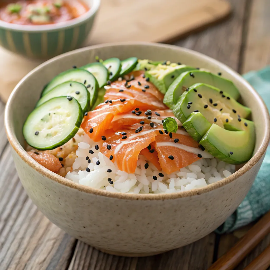 Assembled salmon rice bowl