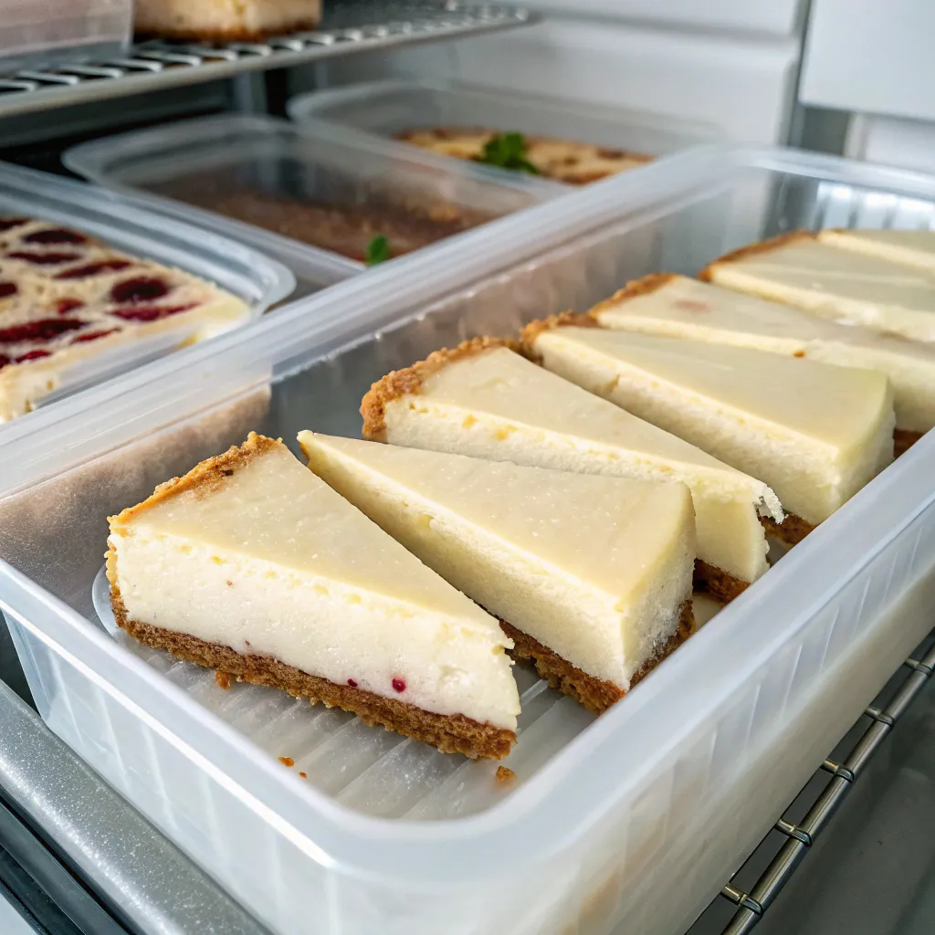 Quick & Easy Keto Cheesecake: Low-Carb Dessert In A Flash 12 Wrapped keto cheesecake slices stored in a freezer container.