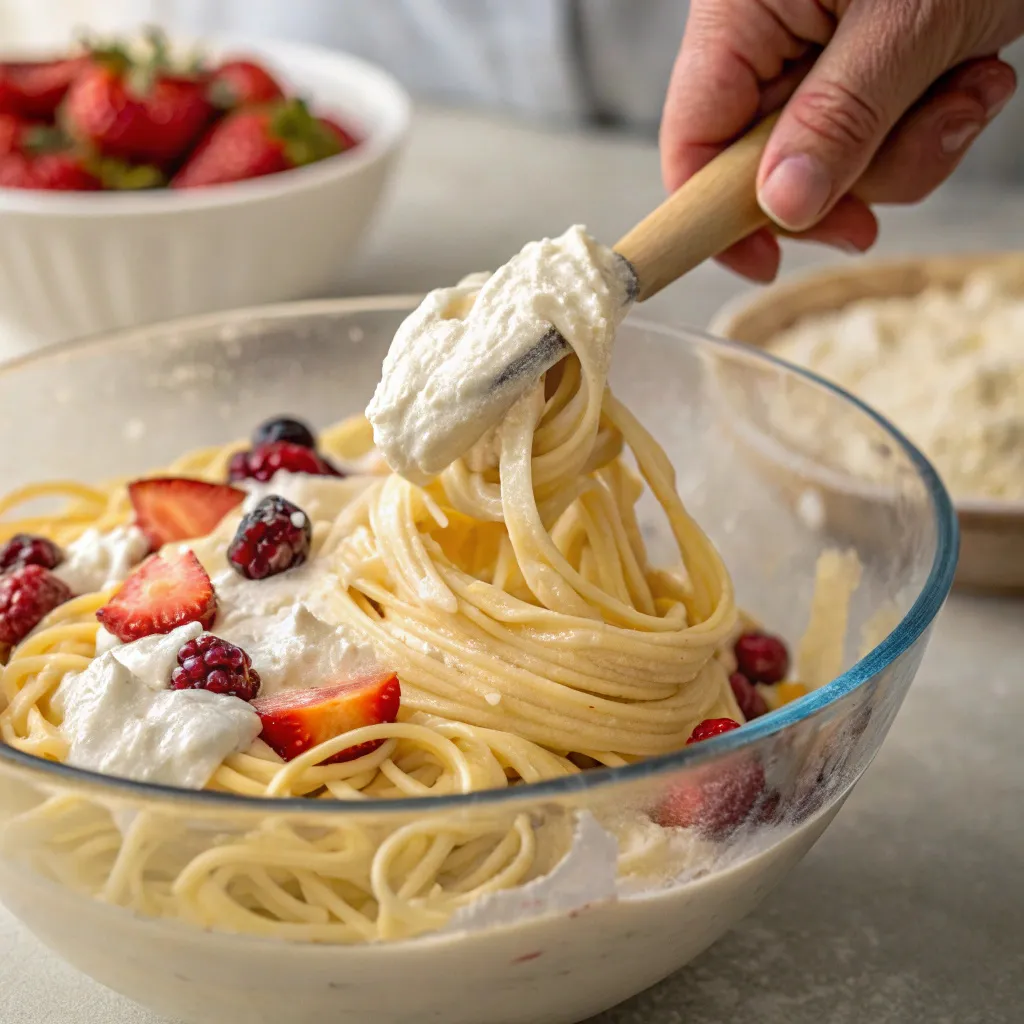 Frog Eye Salad – The Ultimate Classic Dessert Recipe You’ll Love 11 Mixing frog eye salad pasta and fruit