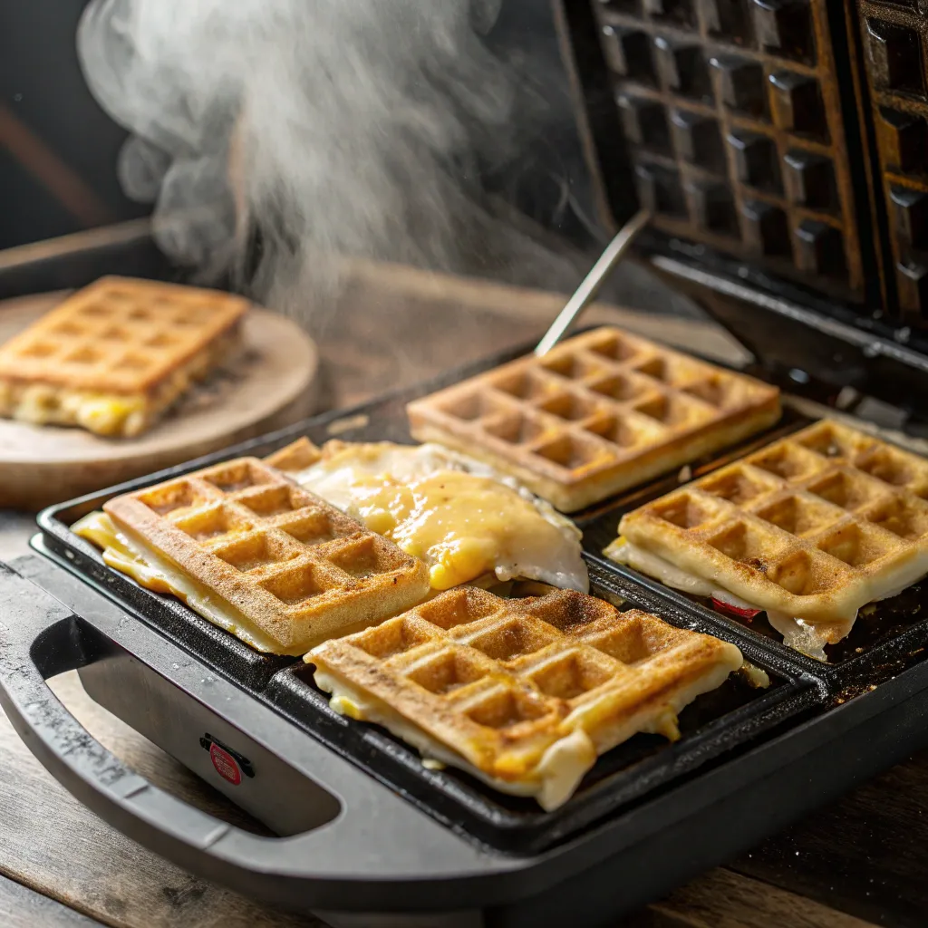 Cheese Waffles: How to Make 1 Perfect Keto Breakfast 8 Cheese waffles cooking in a waffle iron