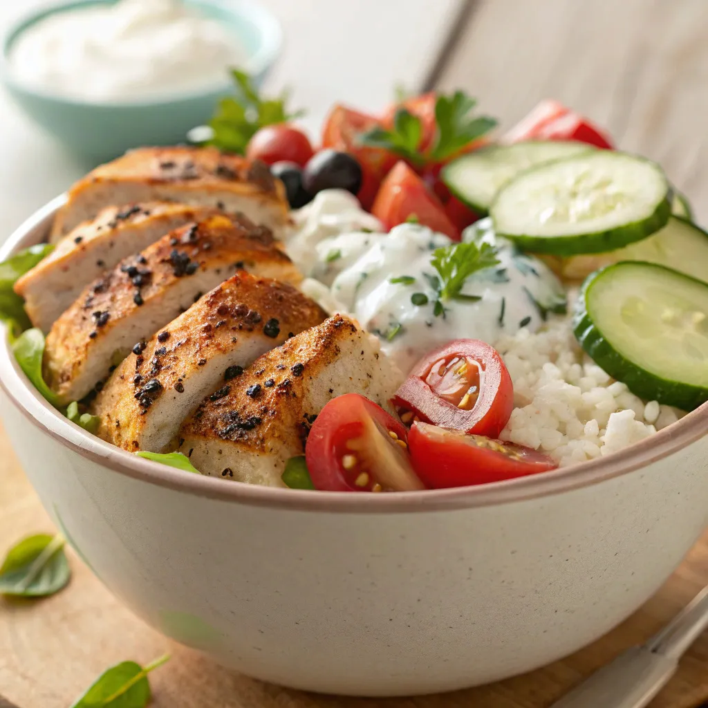 Grecian Chicken Bowl – The Ultimate Greek-Inspired Meal for Flavor & Nutrition 13 Grecian Chicken Bowl with rice, tzatziki, and grilled chicken