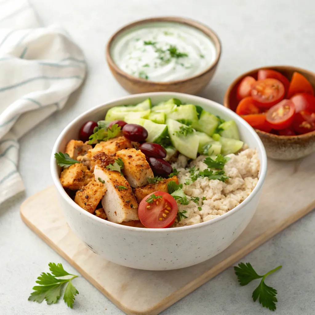Grecian Chicken Bowl – The Ultimate Greek-Inspired Meal for Flavor & Nutrition 16 Tzatziki and toppings for Grecian Chicken Bowl