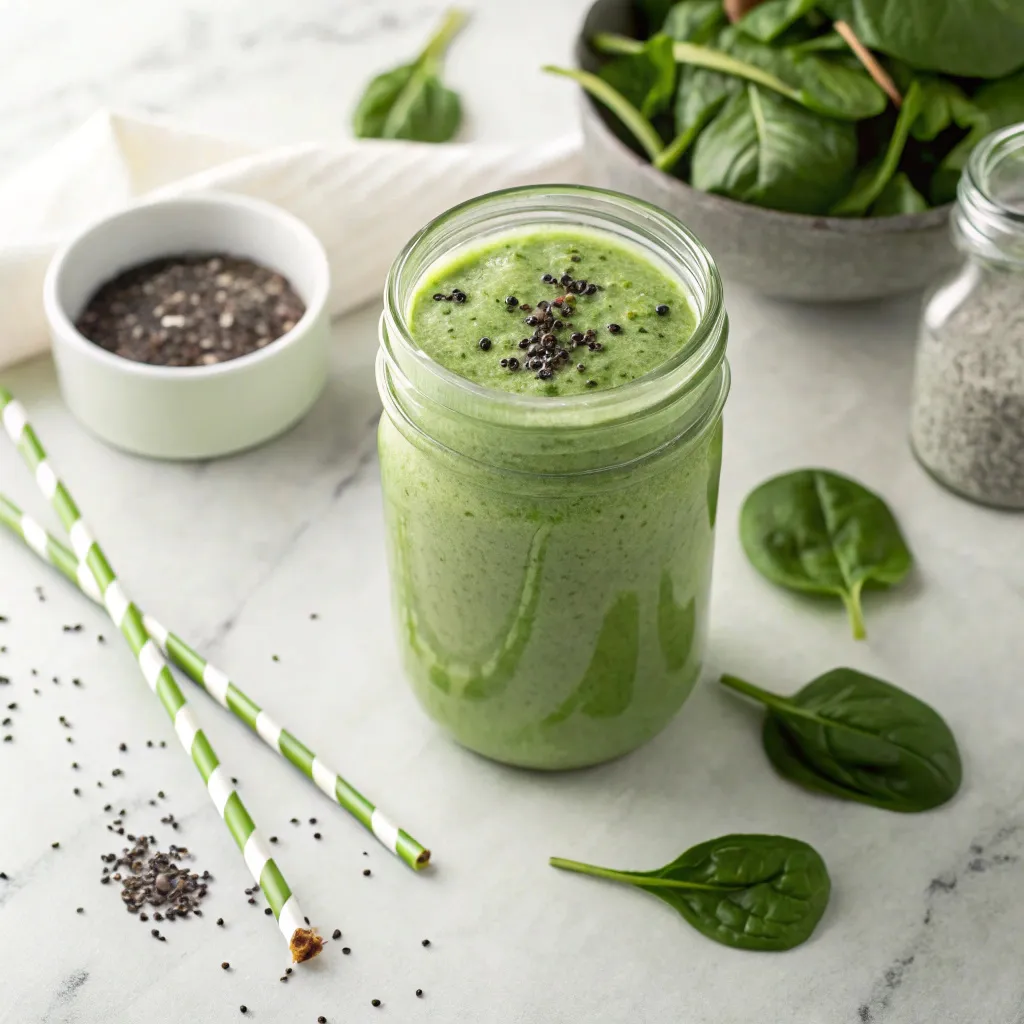 Green keto smoothie with nutrition facts card