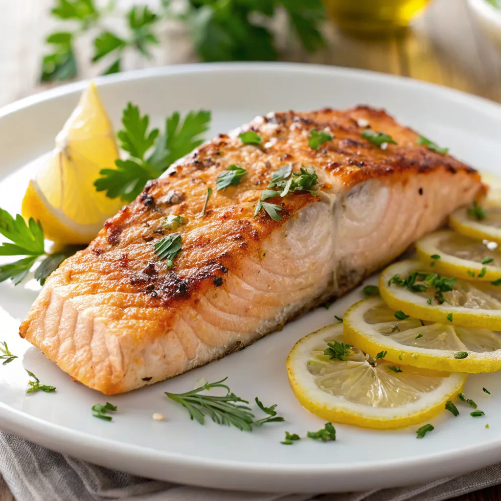 Grilled keta salmon fillet served with lemon and herbs on a white plate