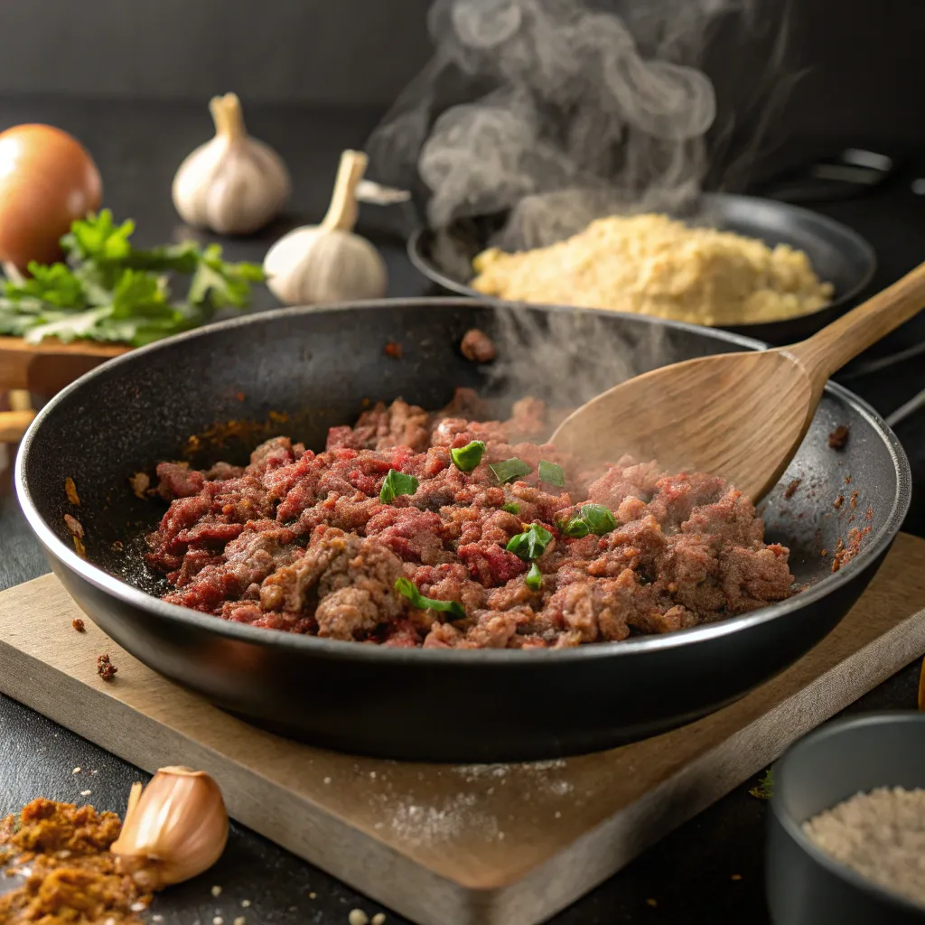 Big Mac Salad: How to Make the #1 Best Keto Meal 7 Ground beef cooking in skillet for Big Mac Salad