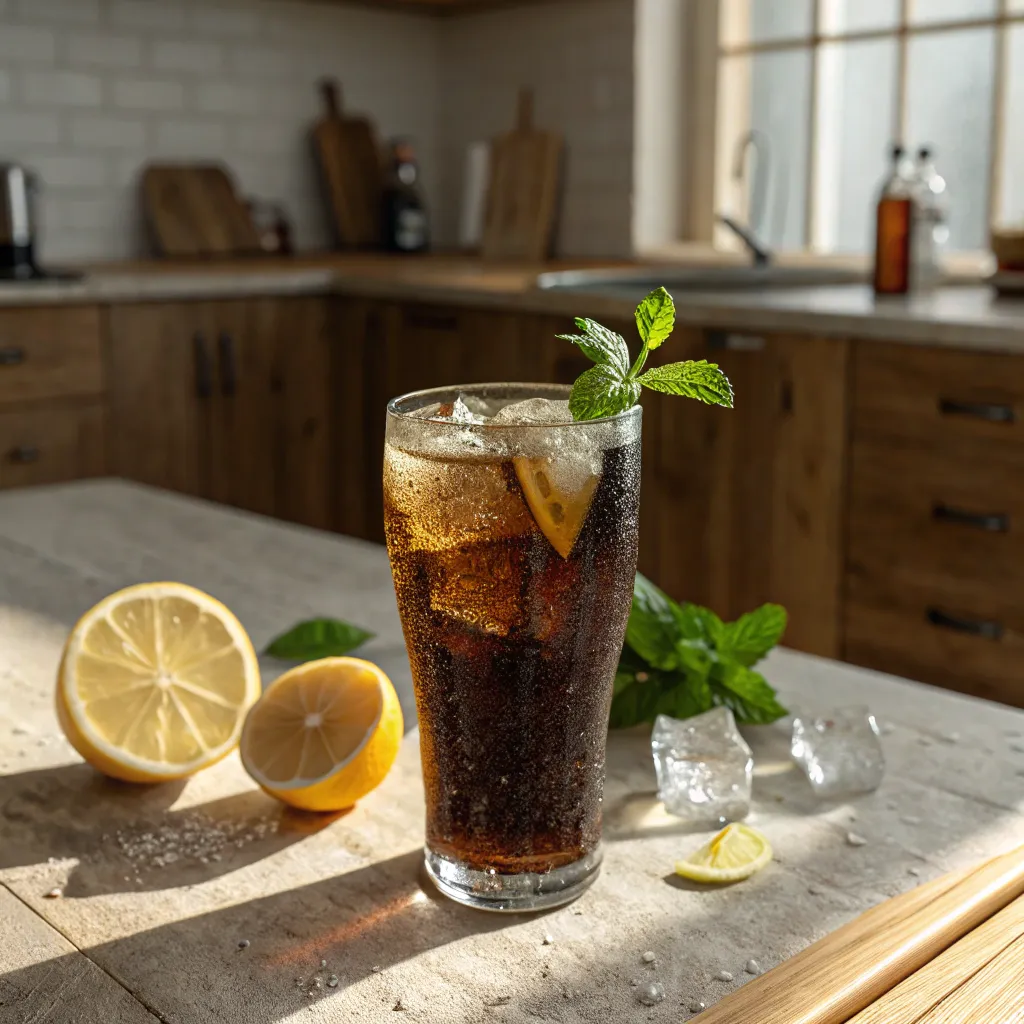 healthy coke in a glass with lemon and mint