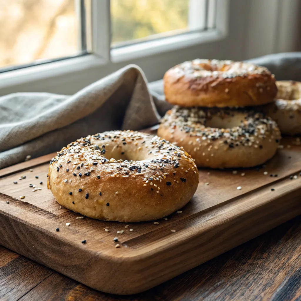 Freshly baked keto bagels on a wooden board