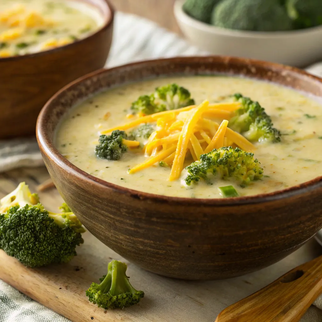 keto broccoli cheese soup in rustic bowl with cheddar topping