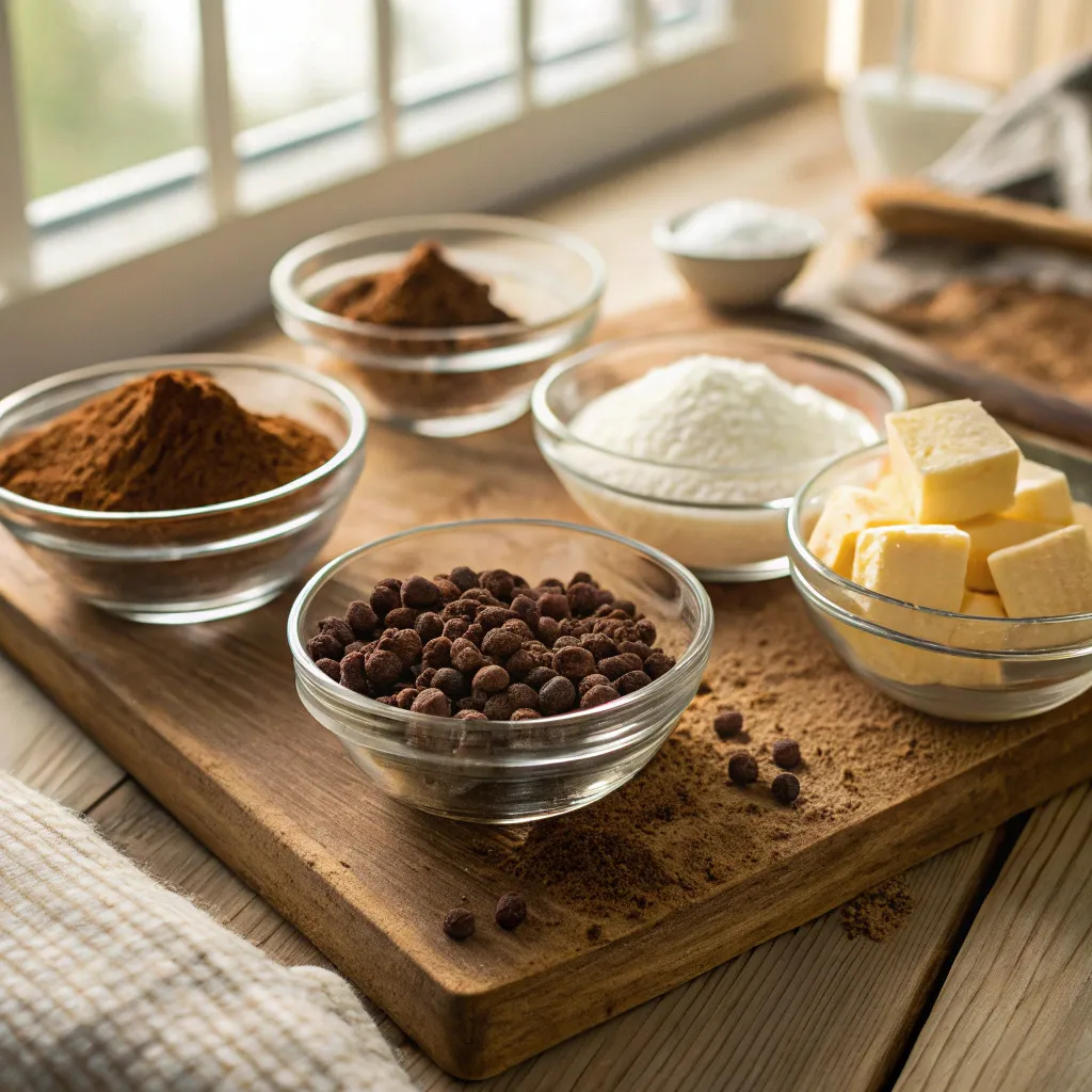 The Best Keto Brownies Recipe for Fudgy Low-Carb Cravings 8 Keto brownie ingredients arranged on a wooden counter