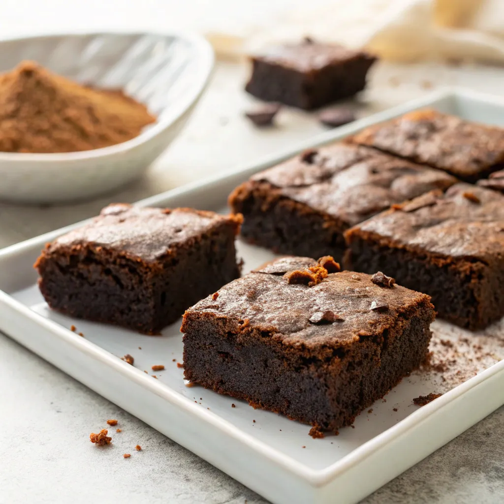 Low-carb keto brownies slice with nutrition facts chart