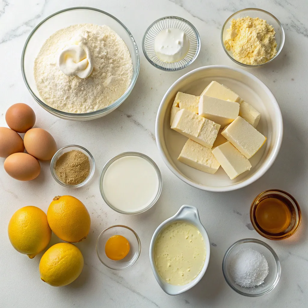 Quick & Easy Keto Cheesecake: Low-Carb Dessert In A Flash 10 Keto cheesecake ingredients like cream cheese, almond flour, and erythritol arranged on a counter.