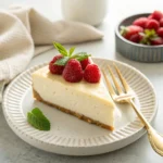 Quick & Easy Keto Cheesecake: Low-Carb Dessert In A Flash 9 Plated slice of keto cheesecake with raspberries and mint garnish.