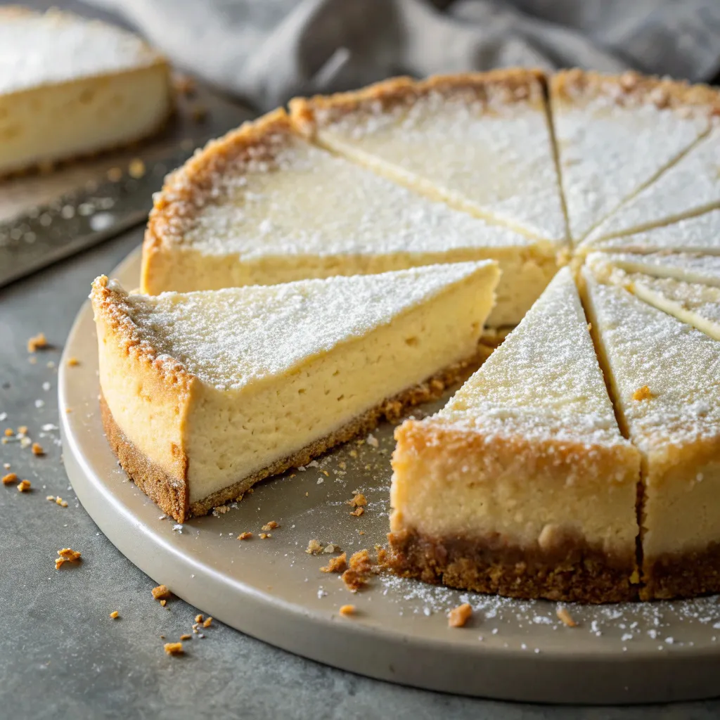 Close-up of keto cheesecake slice with almond flour crust and powdered erythritol.