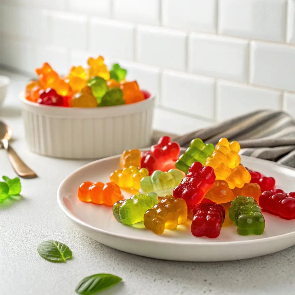 Colorful homemade keto gummy bears on a white plate, sugar-free candy for low-carb diets