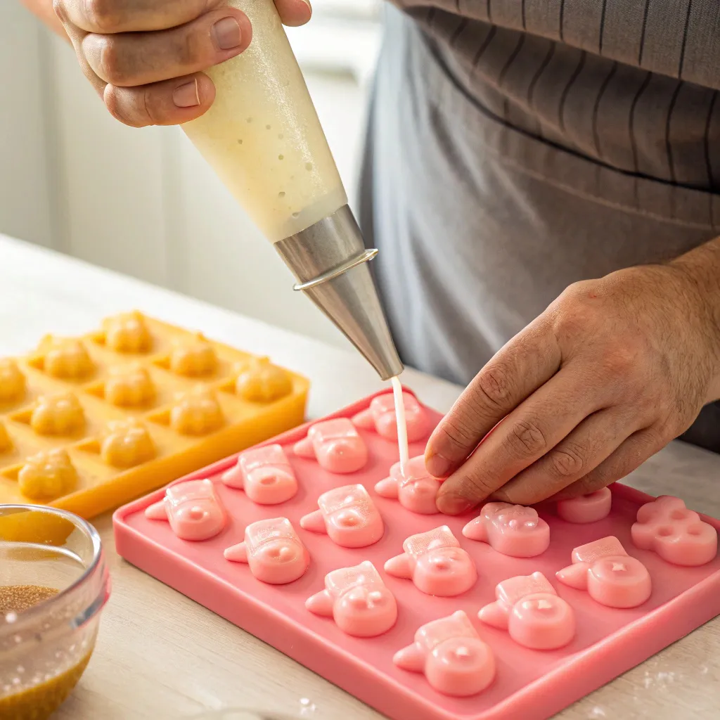 Keto Gummy Bears How To Make Vibrant Low Carb Gummies 9 Pouring keto gummy bear mixture into silicone molds during preparation