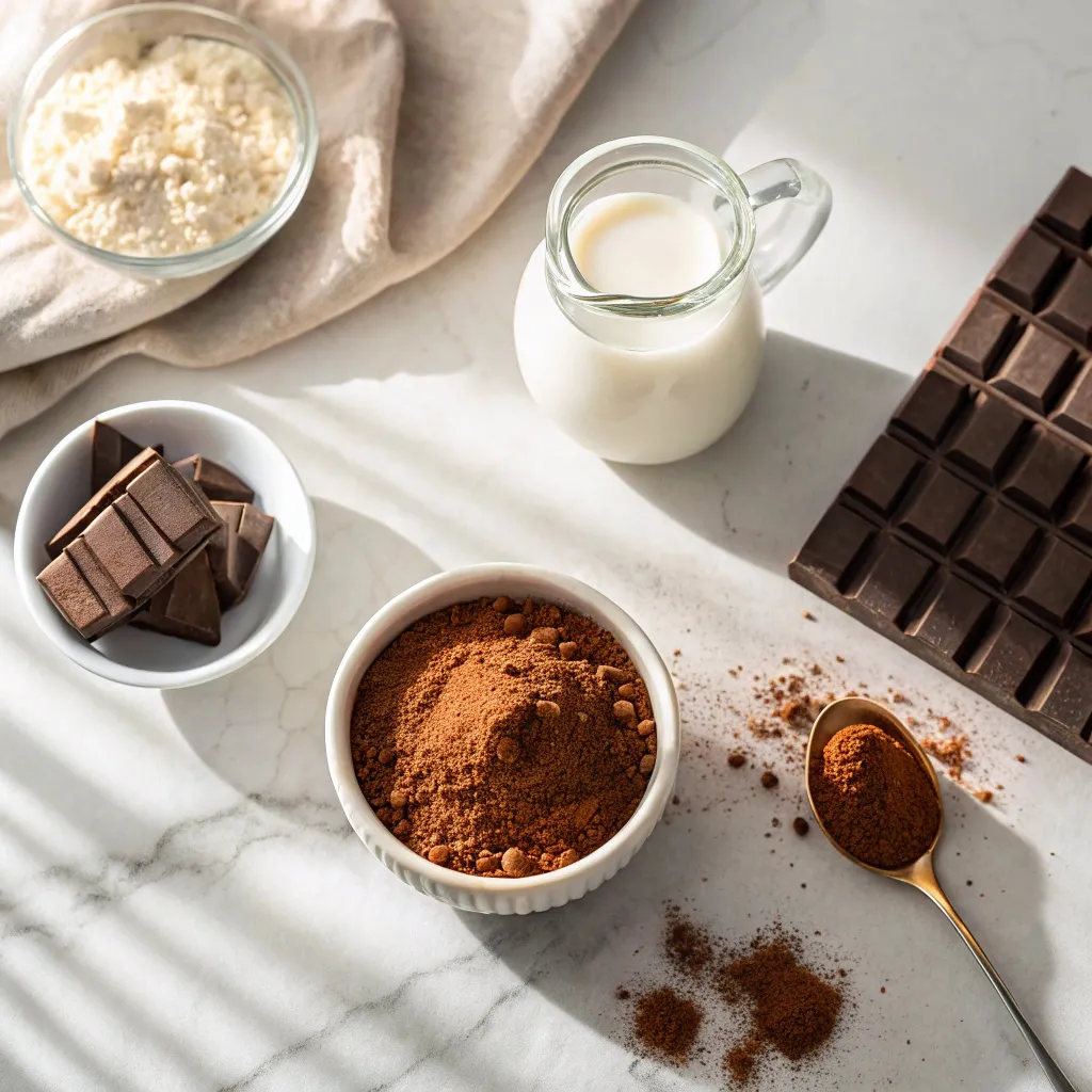 Keto Hot Chocolate For Kids Low Carb Sweetness They Will Love 9 Ingredients for making keto hot chocolate on a white countertop