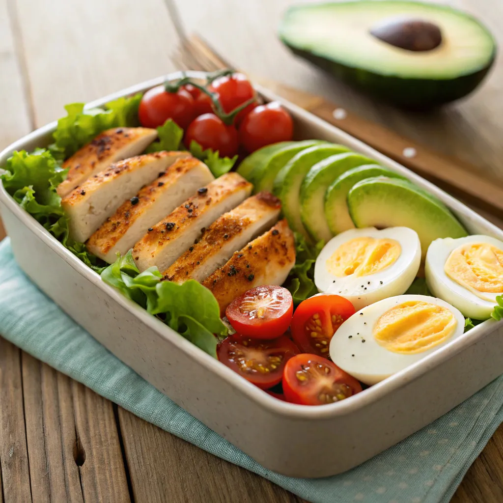 Delicious keto lunch ideas with grilled chicken, avocado, eggs, and fresh vegetables in a lunch box
