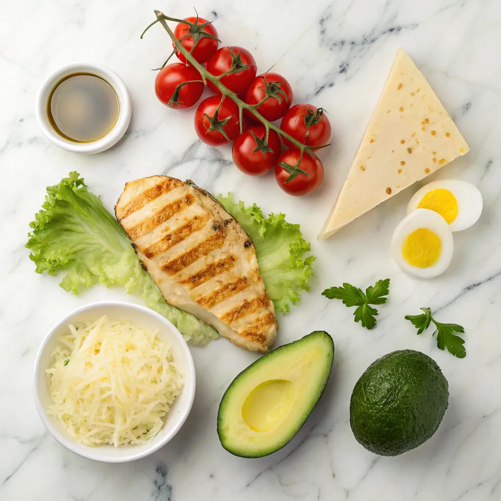 25+ Keto Lunch Ideas That Will Keep Your Energy High And Hunger Low 13 Keto lunch ingredients including chicken, avocado, eggs, cheese, and vegetables arranged on a marble surface