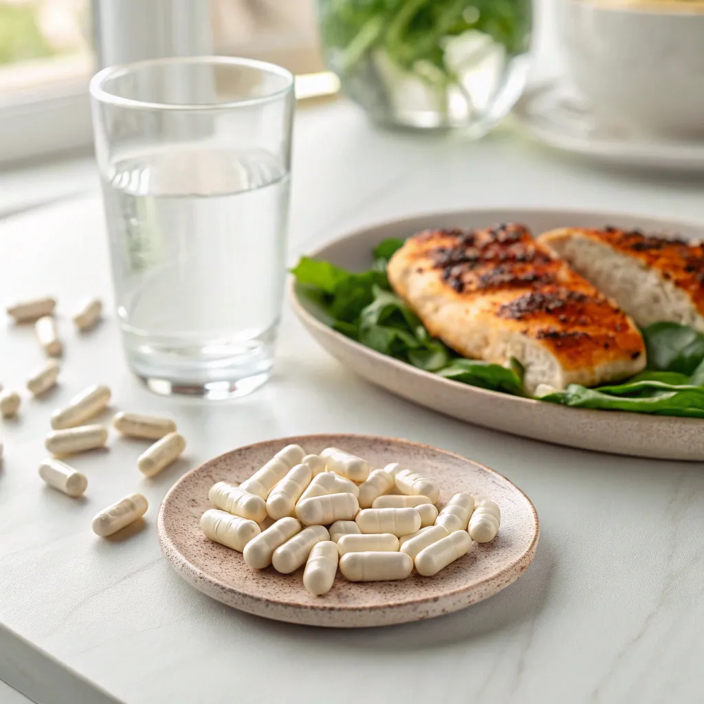 Keto Slim: The Ultimate Guide to Fast and Effective Weight Loss 7 Keto Slim pills on a plate next to grilled chicken and greens, with a glass of water