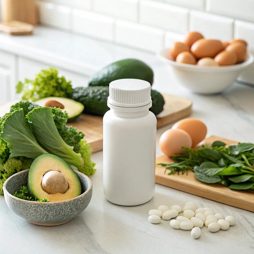 Keto Slim pills next to keto-friendly foods for weight loss
