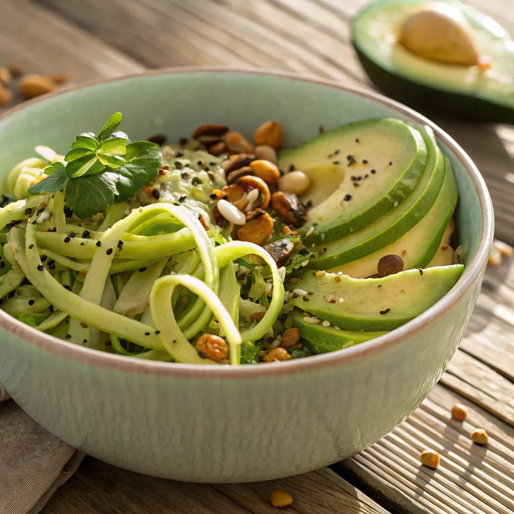 Colorful keto vegan recipes bowl with avocado and seeds