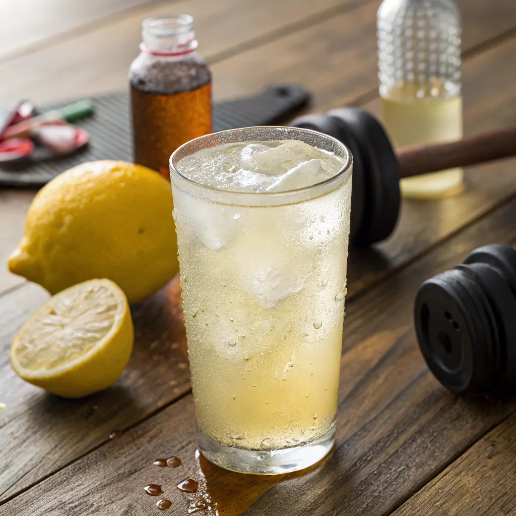 Your Ketones Drink Blueprint Everything You Need To Know For Better Results 7 Chilled ketones drink on a wooden table with supplements and lemon