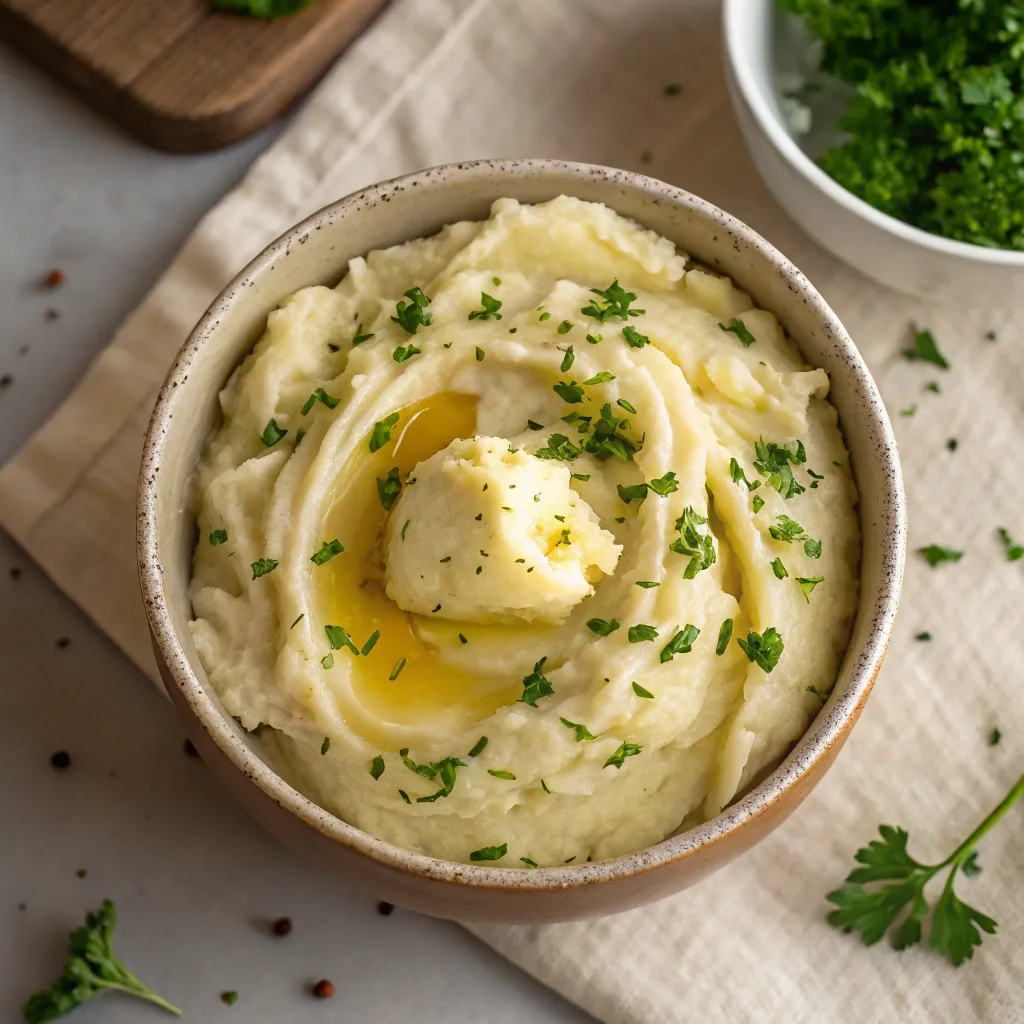 Lower Carb Potatoes: Top-Rated Recipes & Low-Carb Potato Alternatives You’ll Love 13 Creamy low carb mashed cauliflower in a bowl with parsley