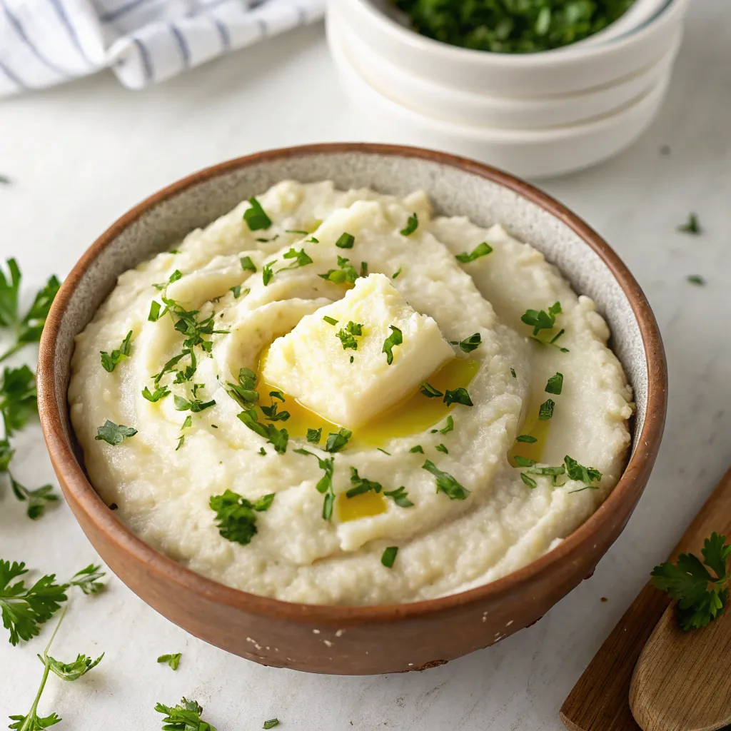 Lower Carb Potatoes: Top-Rated Recipes & Low-Carb Potato Alternatives You’ll Love 11 Creamy low carbs mashed cauliflower in a bowl with parsley