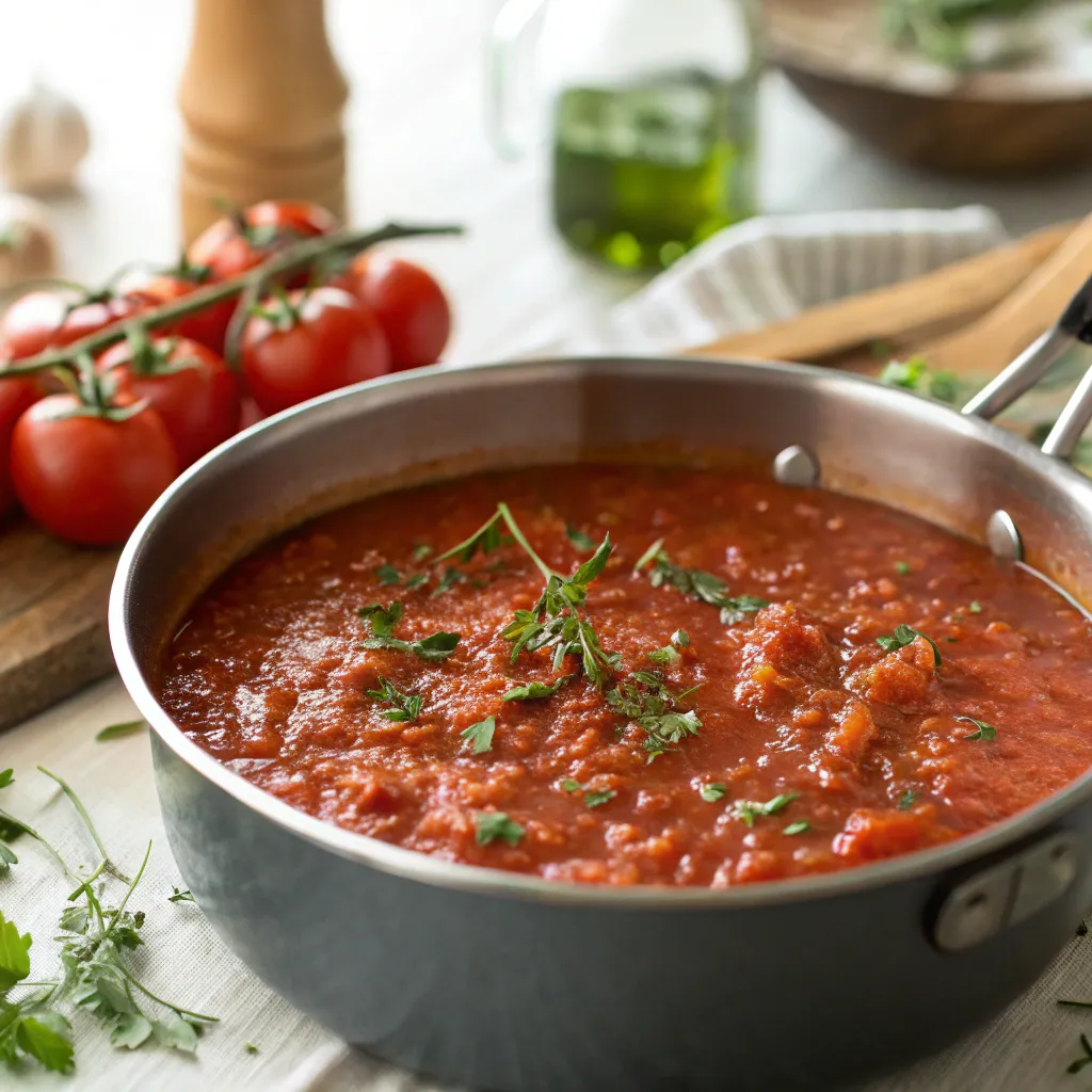 Low Carb Tomato Sauce That Actually Tastes Amazing: Homemade & Sugar-Free! 6 Homemade low carb tomato sauce simmering in a pot
